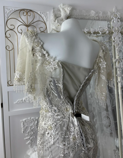 Classical Short Sleeve Tassel Wedding Dress Appliques Sequins Tulle Mermaid Bridal Dress GG7605