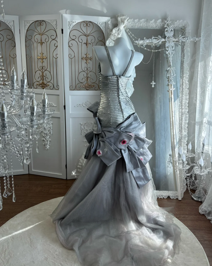 Retro Spaghetti Straps Gray Prom Dress Sequins Flower Tulle Mermaid Evening Dress GG7606