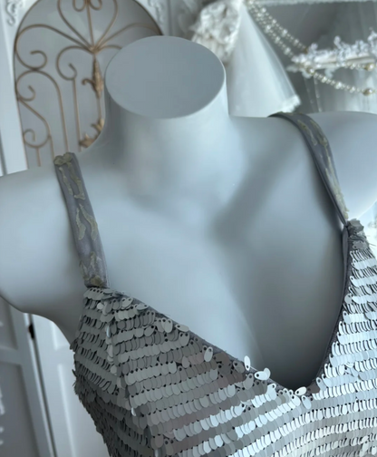 Retro Spaghetti Straps Gray Prom Dress Sequins Flower Tulle Mermaid Evening Dress GG7606