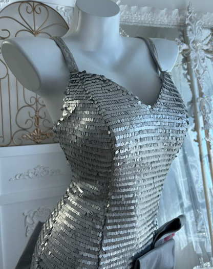 Retro Spaghetti Straps Gray Prom Dress Sequins Flower Tulle Mermaid Evening Dress GG7606