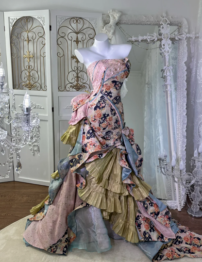 Attractive Strapless Floral Prom Dress Sequins Ruffles Mermaid Evening Dress GG7607