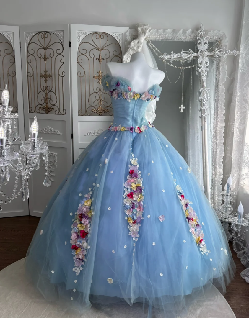 Unique Off The Shoulder Prom Dress Blue Appliques Tulle A-Line Evening Dress GG7608