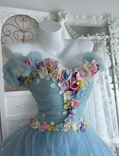 Unique Off The Shoulder Prom Dress Blue Appliques Tulle A-Line Evening Dress GG7608