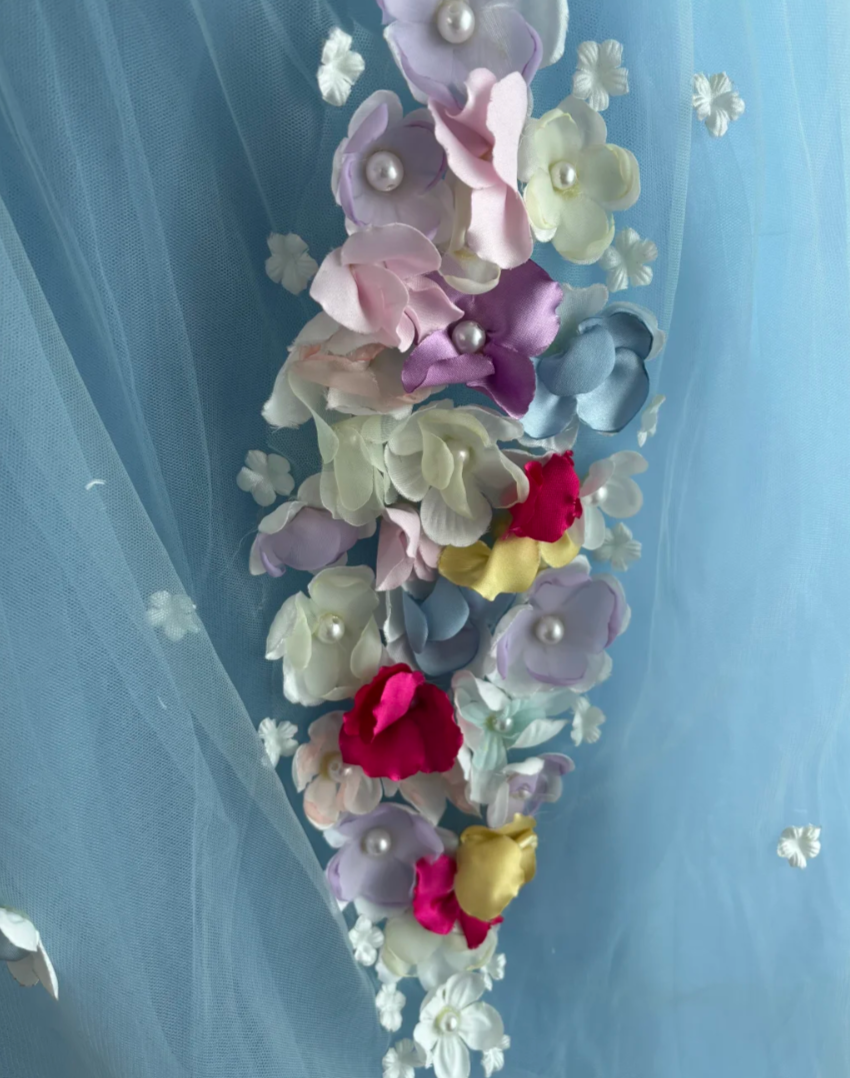 Unique Off The Shoulder Prom Dress Blue Appliques Tulle A-Line Evening Dress GG7608