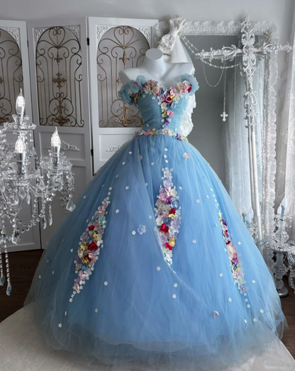 Unique Off The Shoulder Prom Dress Blue Appliques Tulle A-Line Evening Dress GG7608