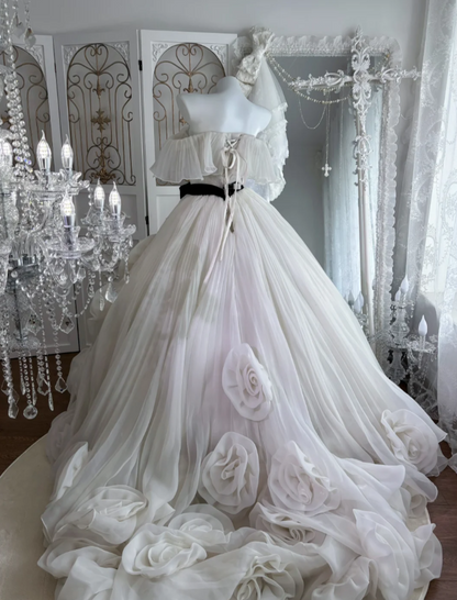 Vintage Off The Shoulder Wedding Dress Handmade Flowers Tulle A-Line Bridal Dress GG7609