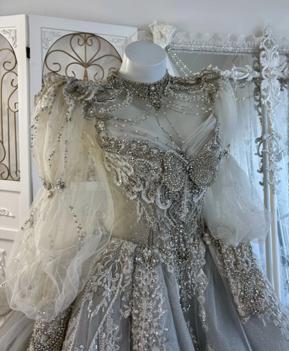 Luxury Jewel Neck Beading Wedding Dress Long Sleeve Appliques A-Line Bridal Dress GG7610