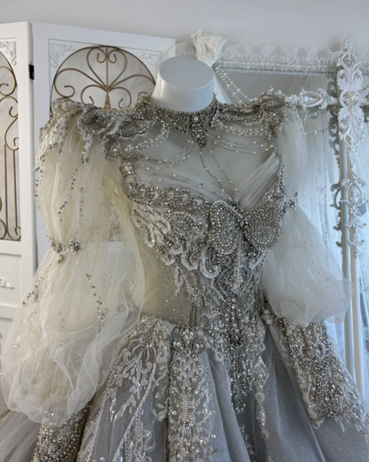 Luxury Jewel Neck Beading Wedding Dress Long Sleeve Appliques A-Line Bridal Dress GG7610