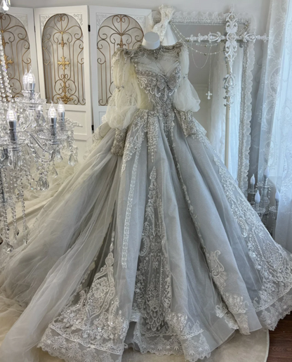 Luxury Jewel Neck Beading Wedding Dress Long Sleeve Appliques A-Line Bridal Dress GG7610