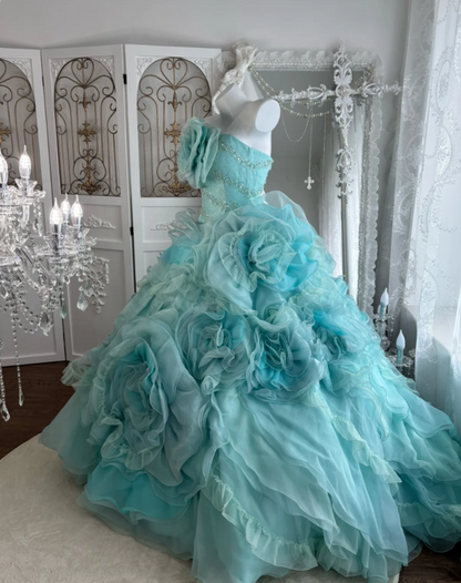 Dreamy Strapless Mint Green Prom Dress Flowers Beads Ruffles A-Line Evening Dress GG7611