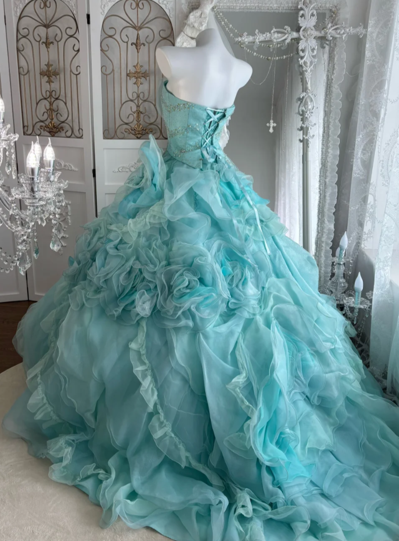 Dreamy Strapless Mint Green Prom Dress Flowers Beads Ruffles A-Line Evening Dress GG7611