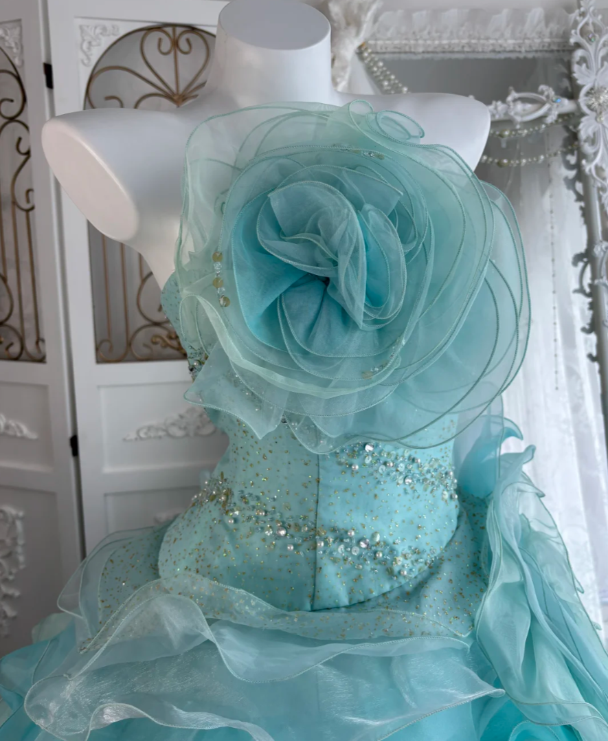 Dreamy Strapless Mint Green Prom Dress Flowers Beads Ruffles A-Line Evening Dress GG7611
