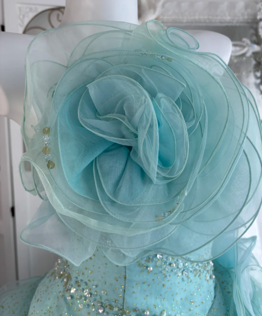 Dreamy Strapless Mint Green Prom Dress Flowers Beads Ruffles A-Line Evening Dress GG7611