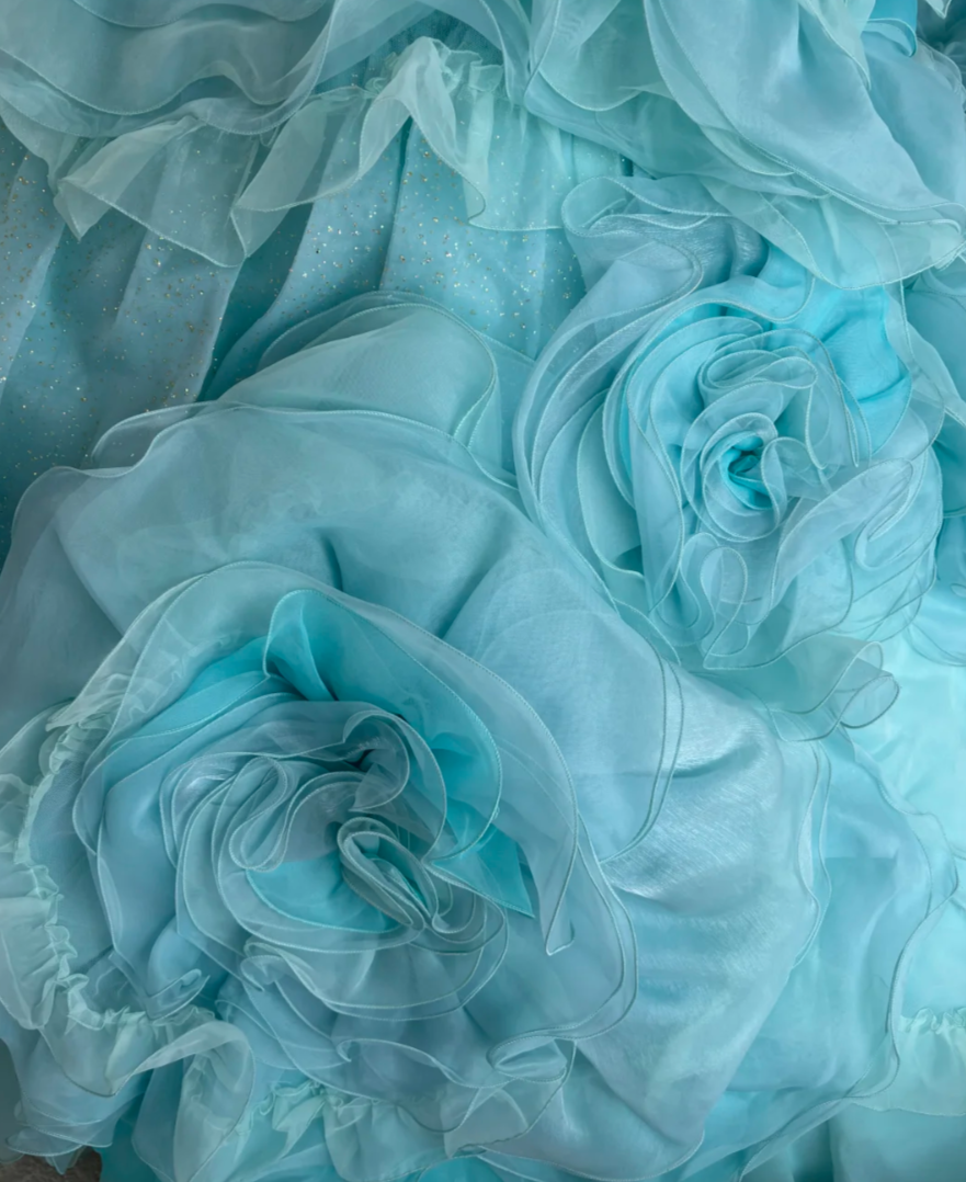 Dreamy Strapless Mint Green Prom Dress Flowers Beads Ruffles A-Line Evening Dress GG7611