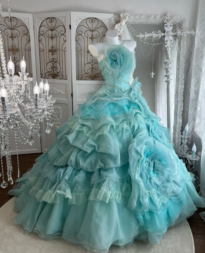 Dreamy Strapless Mint Green Prom Dress Flowers Beads Ruffles A-Line Evening Dress GG7611