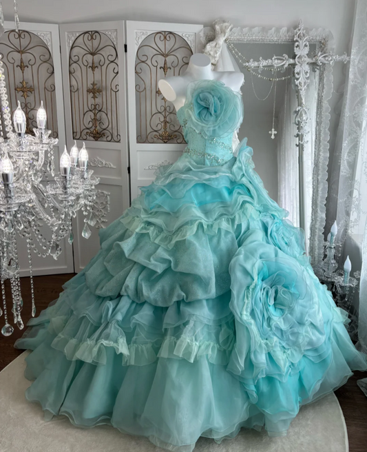 Dreamy Strapless Mint Green Prom Dress Flowers Beads Ruffles A-Line Evening Dress GG7611
