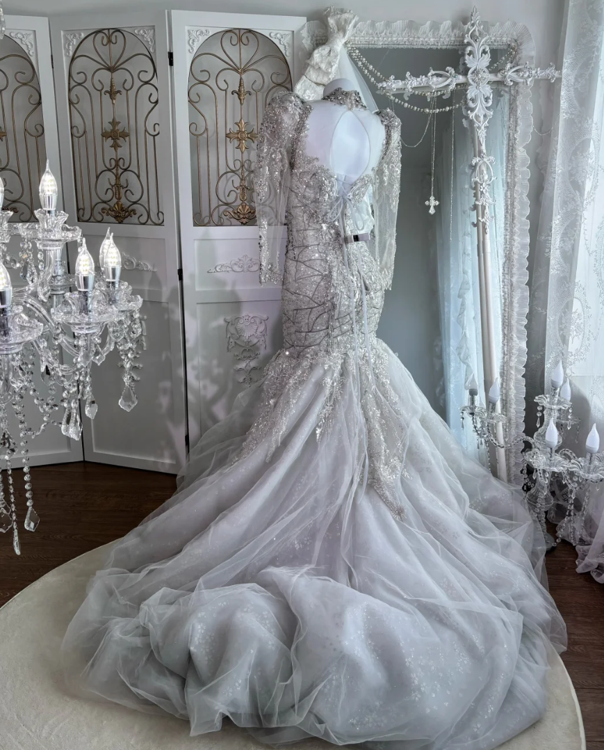 Exquisite Illusion Neck Wedding Dress Long Sleeve Beading Mermaid Bridal Dress GG7612