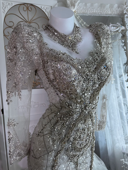 Exquisite Illusion Neck Wedding Dress Long Sleeve Beading Mermaid Bridal Dress GG7612