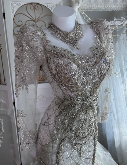 Exquisite Illusion Neck Wedding Dress Long Sleeve Beading Mermaid Bridal Dress GG7612