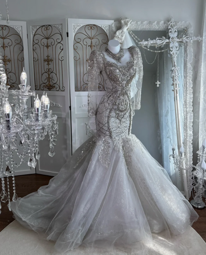 Exquisite Illusion Neck Wedding Dress Long Sleeve Beading Mermaid Bridal Dress GG7612