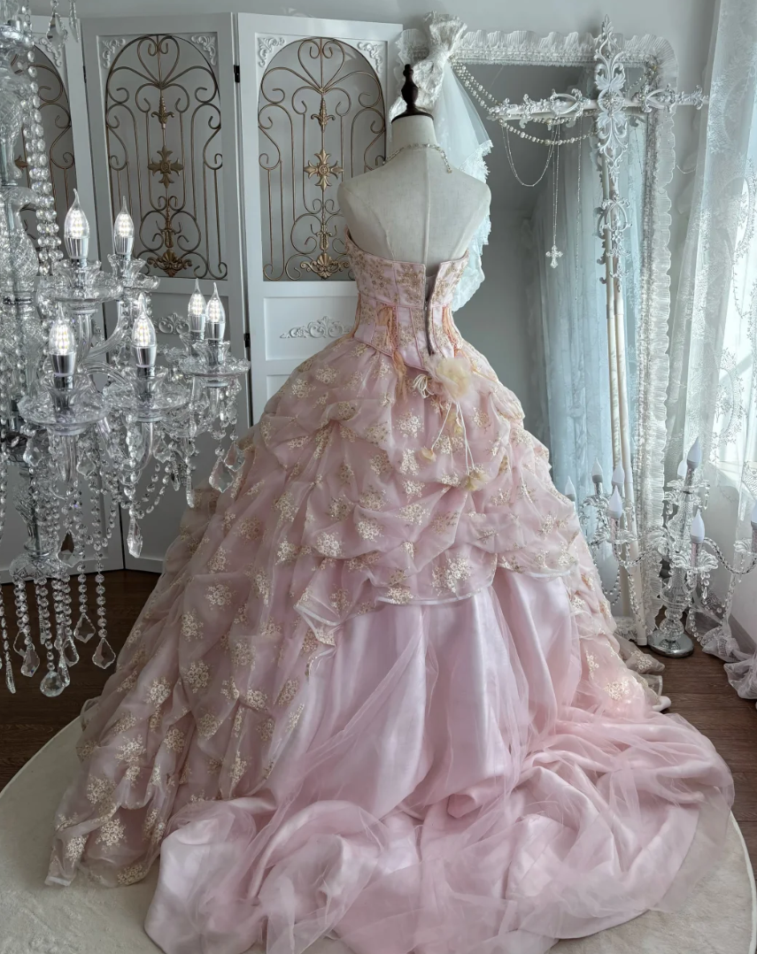 Adorable Strapless Pink Prom Dress Sequins Floral Ruffles A-Line Evening Dress GG7613