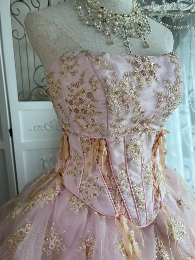 Adorable Strapless Pink Prom Dress Sequins Floral Ruffles A-Line Evening Dress GG7613