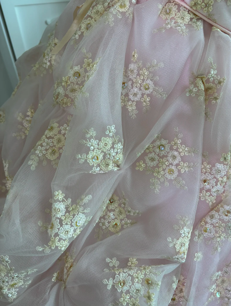 Adorable Strapless Pink Prom Dress Sequins Floral Ruffles A-Line Evening Dress GG7613