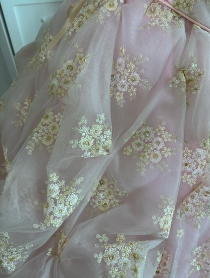 Adorable Strapless Pink Prom Dress Sequins Floral Ruffles A-Line Evening Dress GG7613