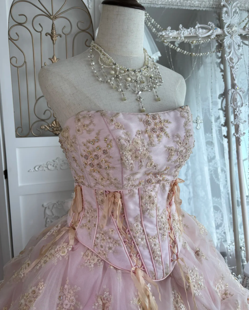 Adorable Strapless Pink Prom Dress Sequins Floral Ruffles A-Line Evening Dress GG7613