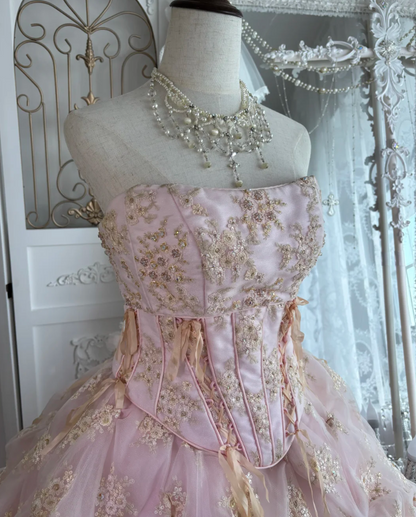 Adorable Strapless Pink Prom Dress Sequins Floral Ruffles A-Line Evening Dress GG7613