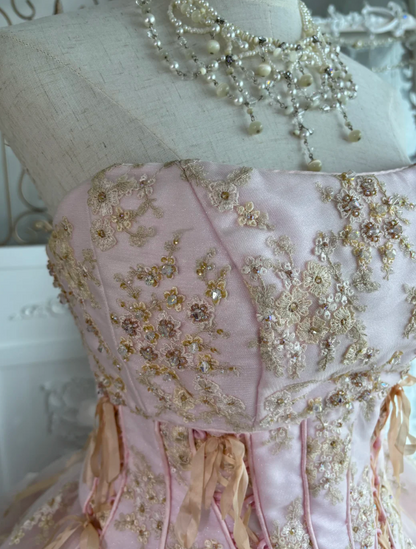 Adorable Strapless Pink Prom Dress Sequins Floral Ruffles A-Line Evening Dress GG7613