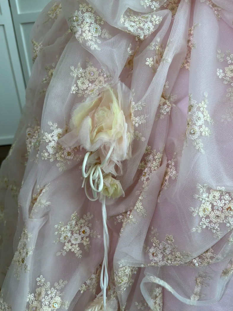 Adorable Strapless Pink Prom Dress Sequins Floral Ruffles A-Line Evening Dress GG7613