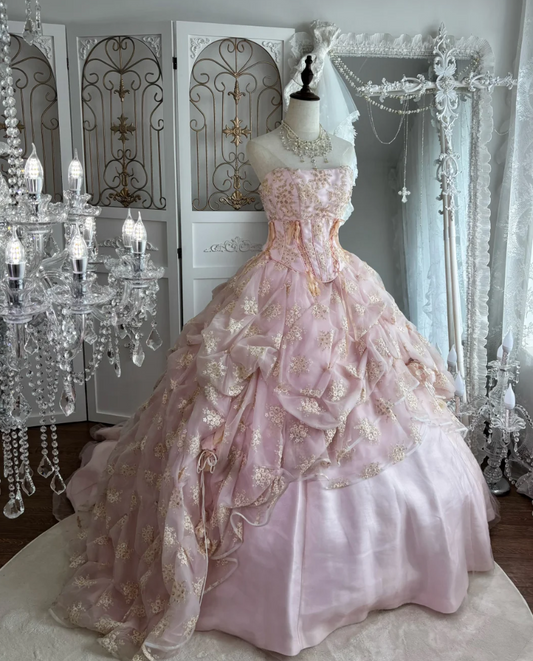 Adorable Strapless Pink Prom Dress Sequins Floral Ruffles A-Line Evening Dress GG7613
