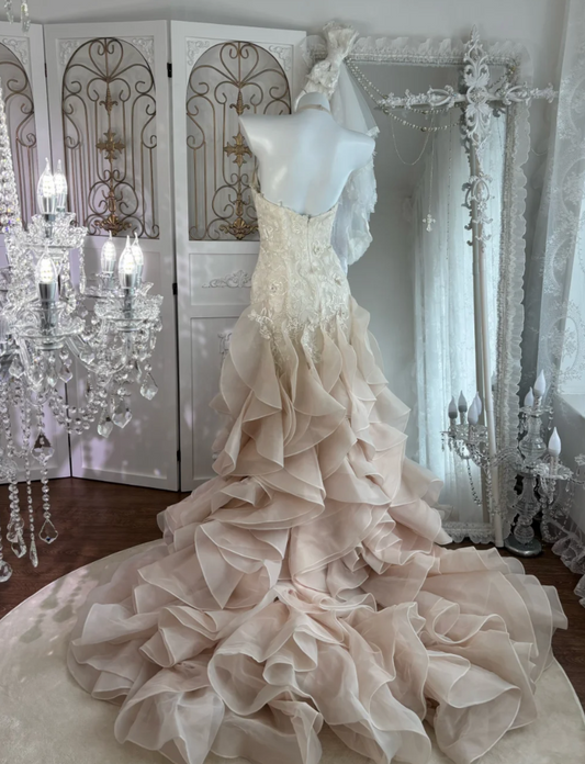 Graceful Strapless Apricot Prom Dress Appliques Ruffles Mermaid Evening Dress GG7615