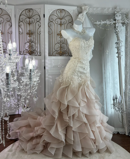 Graceful Strapless Apricot Prom Dress Appliques Ruffles Mermaid Evening Dress GG7615