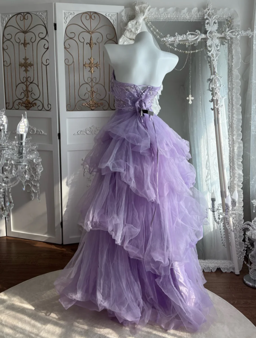 Retro Strapless Purple Prom Dress Sequins Tiered Tulle A-Line Evening Dress GG7617