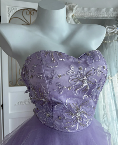 Retro Strapless Purple Prom Dress Sequins Tiered Tulle A-Line Evening Dress GG7617