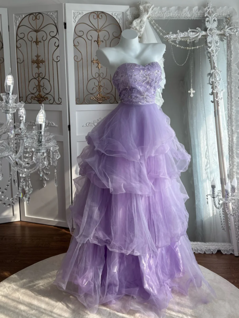 Retro Strapless Purple Prom Dress Sequins Tiered Tulle A-Line Evening Dress GG7617