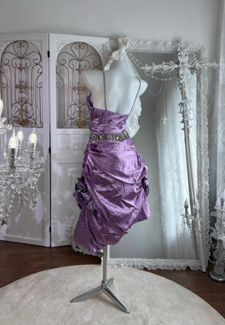 Playful Spaghetti Straps Homecoming Dress Purple Crystals Sequins A-Line Birthday Dress GG7619