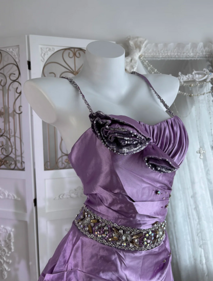 Playful Spaghetti Straps Homecoming Dress Purple Crystals Sequins A-Line Birthday Dress GG7619