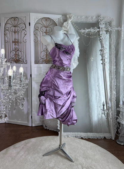 Playful Spaghetti Straps Homecoming Dress Purple Crystals Sequins A-Line Birthday Dress GG7619