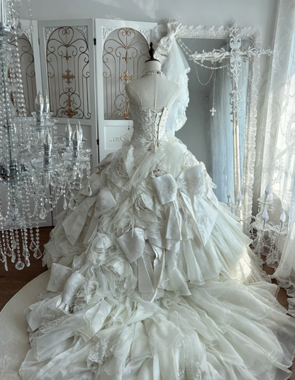 Romantic Strapless Wedding Dress Bows Flowers Beads A-Line Bridal Dress GG7620