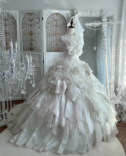 Romantic Strapless Wedding Dress Bows Flowers Beads A-Line Bridal Dress GG7620