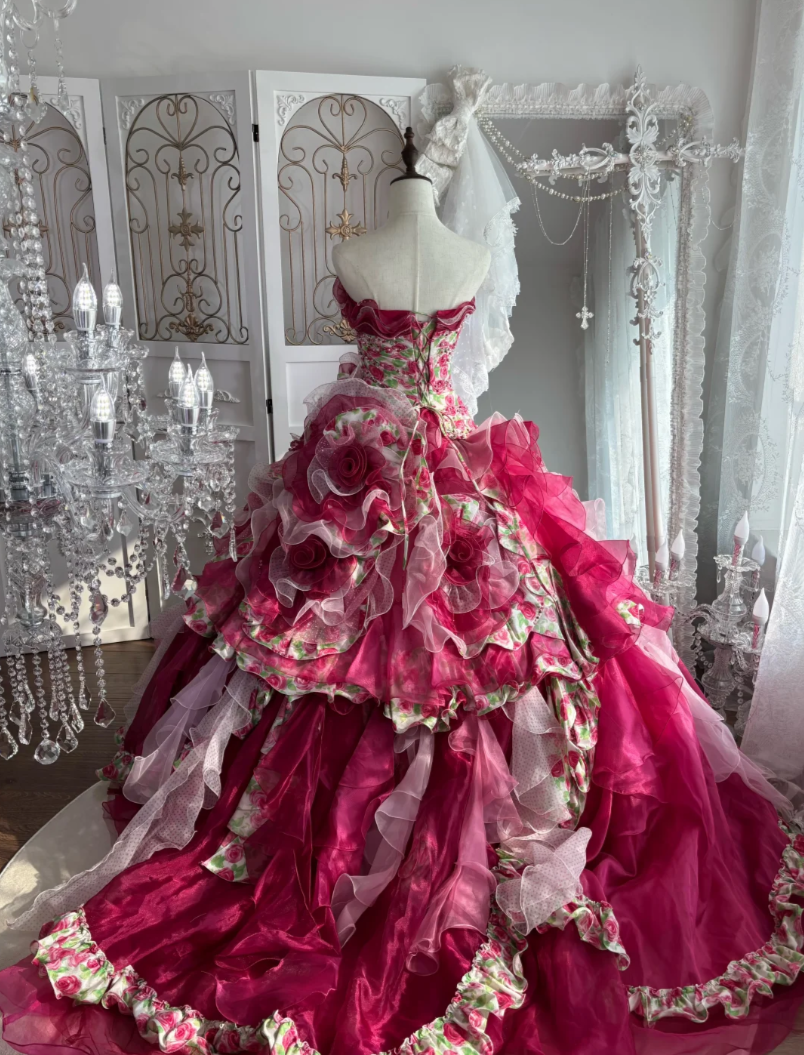 Charming Strapless Red Prom Dress Beads Flowers Ruffles A-Line Evening Dress GG7621