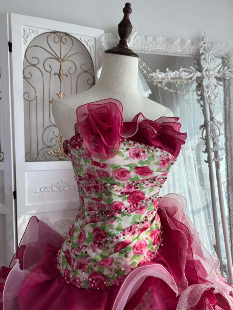 Charming Strapless Red Prom Dress Beads Flowers Ruffles A-Line Evening Dress GG7621