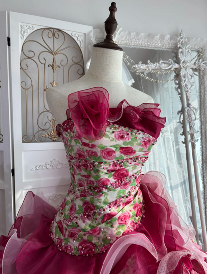Charming Strapless Red Prom Dress Beads Flowers Ruffles A-Line Evening Dress GG7621
