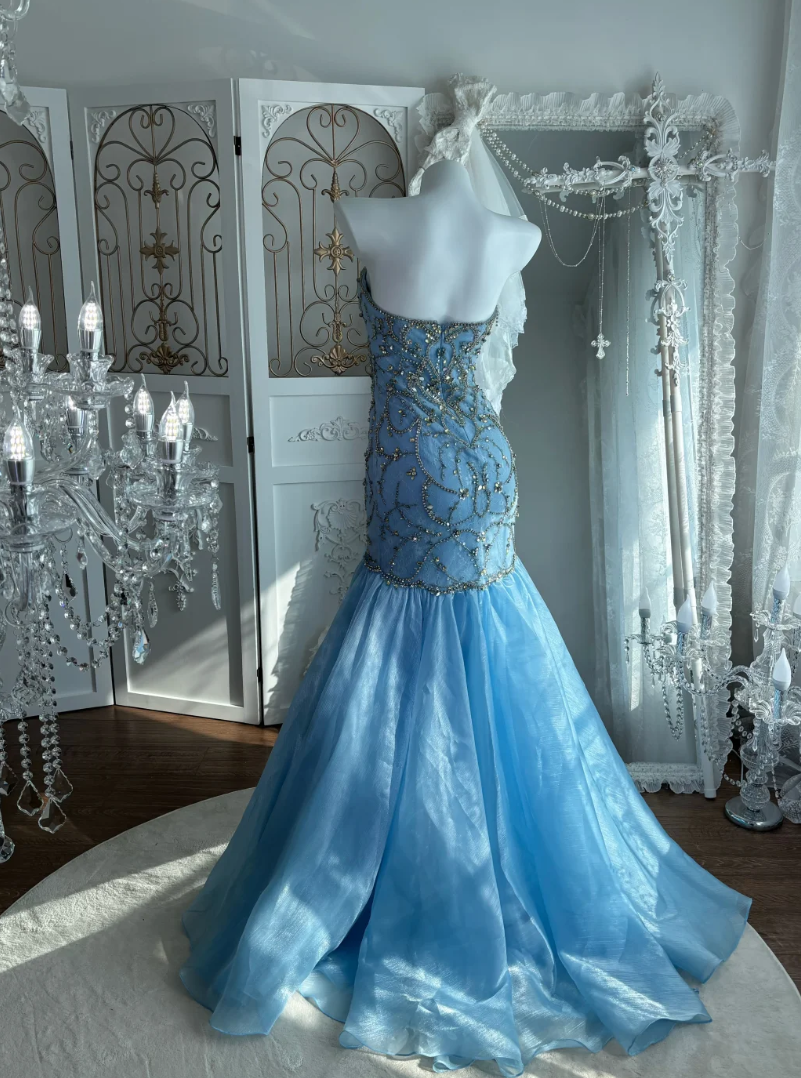 Unique Strapless Blue Prom Dress Beading Floral Mermaid Evening Dress GG7622