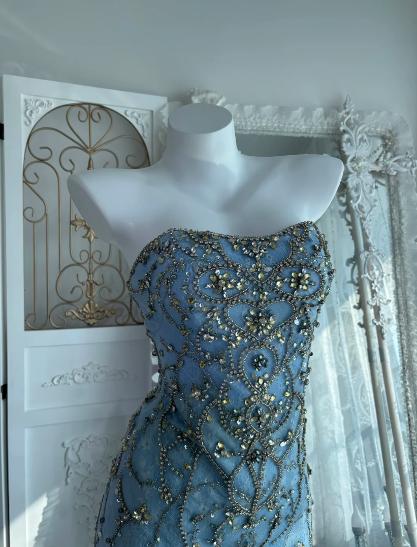 Unique Strapless Blue Prom Dress Beading Floral Mermaid Evening Dress GG7622