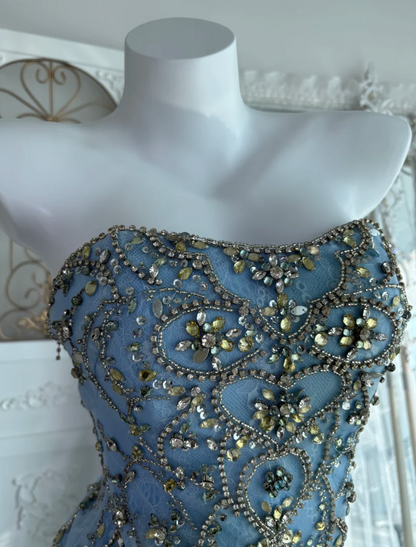Unique Strapless Blue Prom Dress Beading Floral Mermaid Evening Dress GG7622