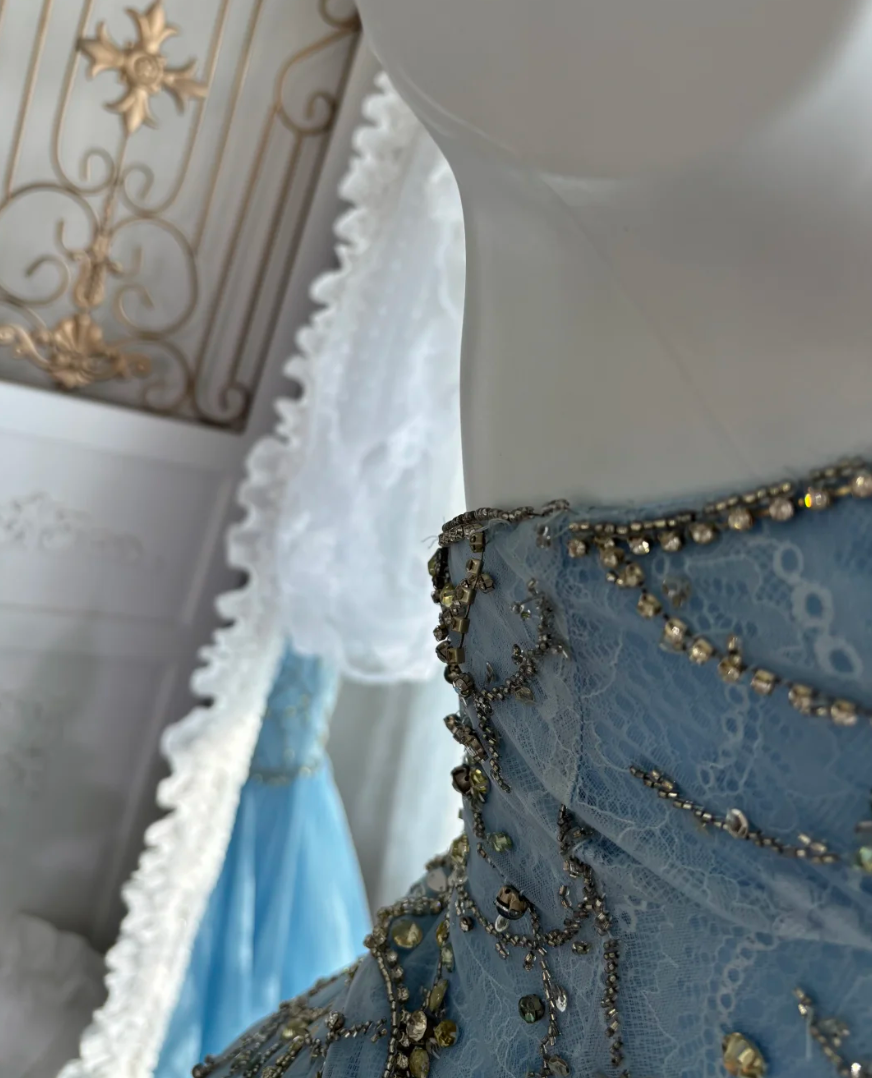 Unique Strapless Blue Prom Dress Beading Floral Mermaid Evening Dress GG7622